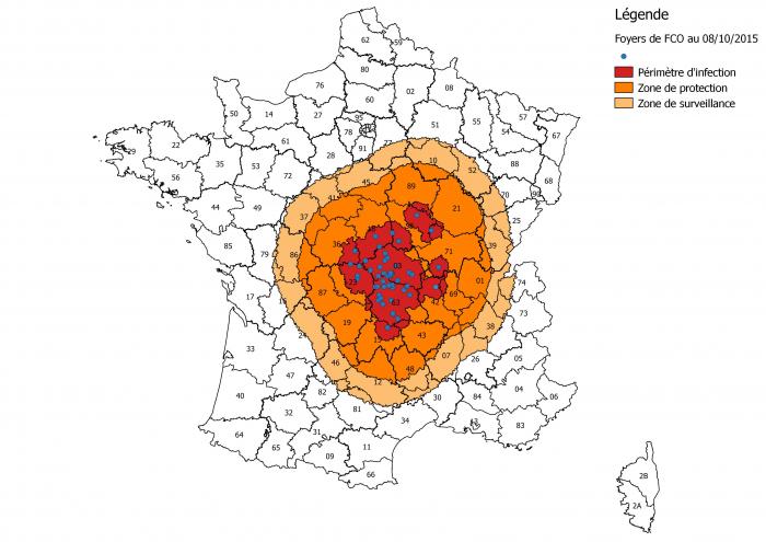 Figure 1 Foyers FCO et zones réglementées FCO au 8 octobre 2015