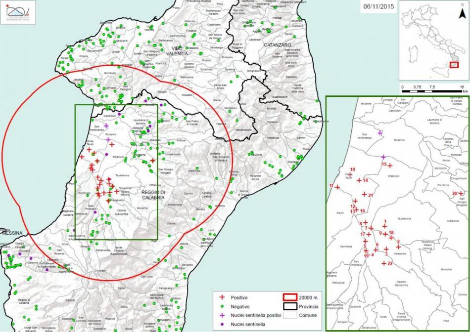 Carte 1 Localisation des foyers d'infestation par A. tumida en Calabre