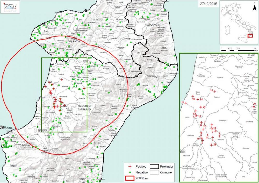 Carte 1 Localisation des foyers d'infestation par A. tumida en Calabre