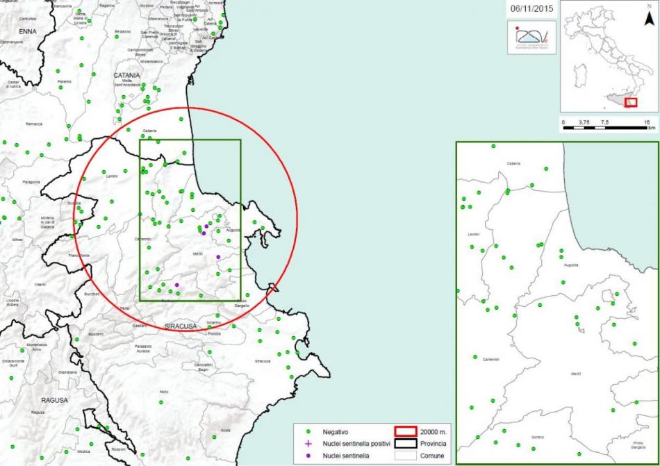 Carte 2 Localisation des foyers d'infestation par A. tumida en Sicile