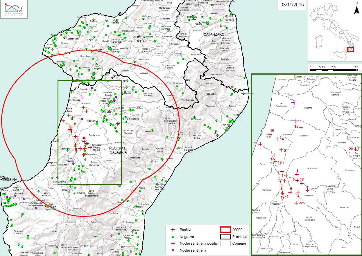 Carte 1 Localisation des foyers d'infestation par A. tumida en Calabre