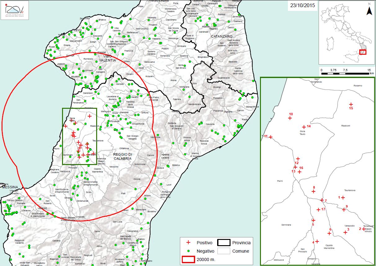 Carte 1 Localisation des foyers d'infestation par A. tumida en Calabre