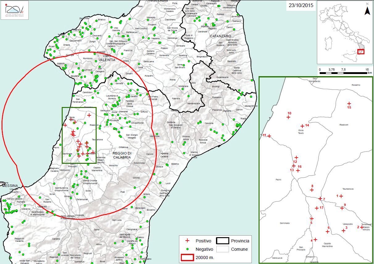 Carte 1 Localisation des foyers d'infestation par A. tumida en Calabre