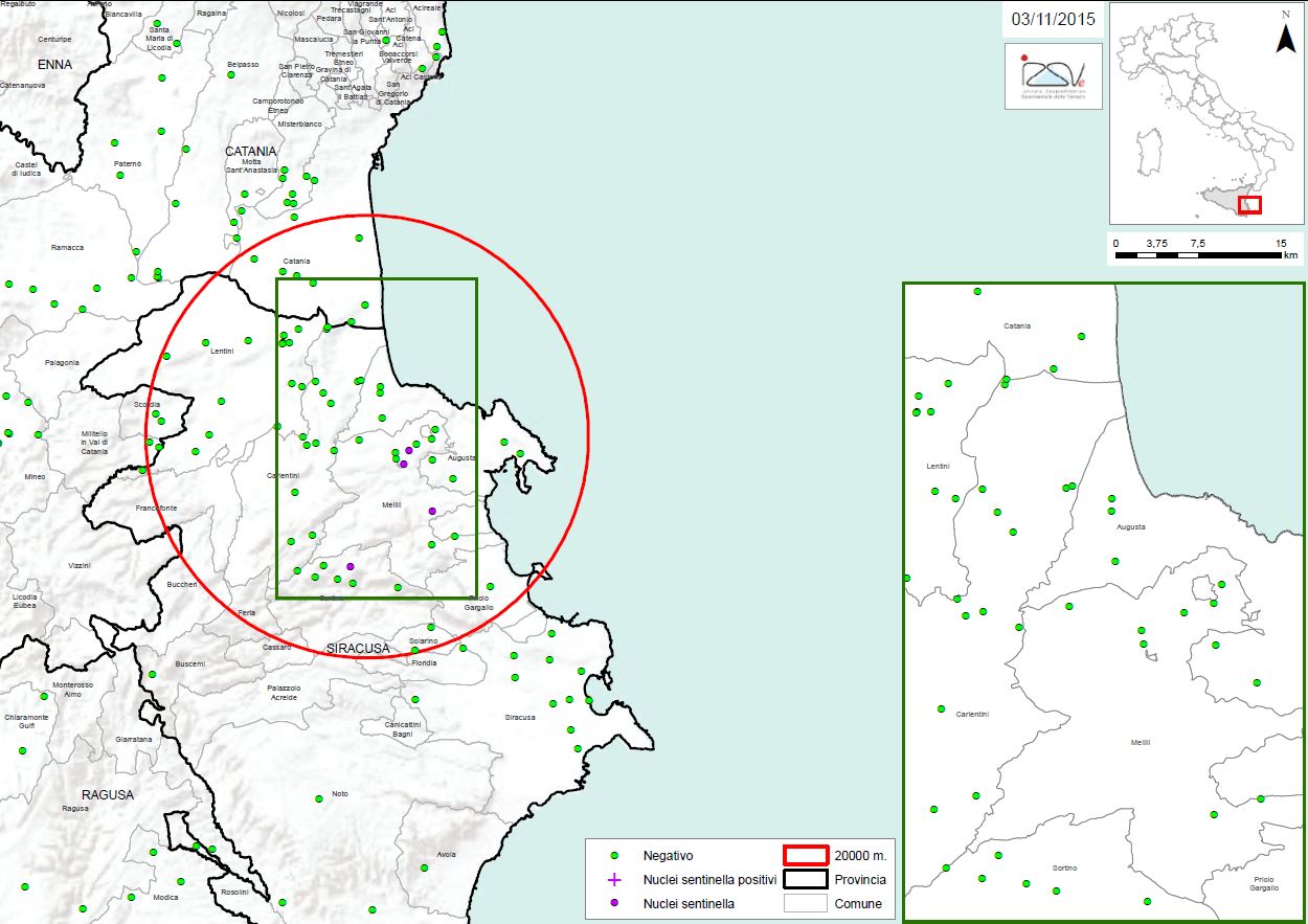 Carte 2 Localisation des foyers d'infestation par A. tumida en Sicile