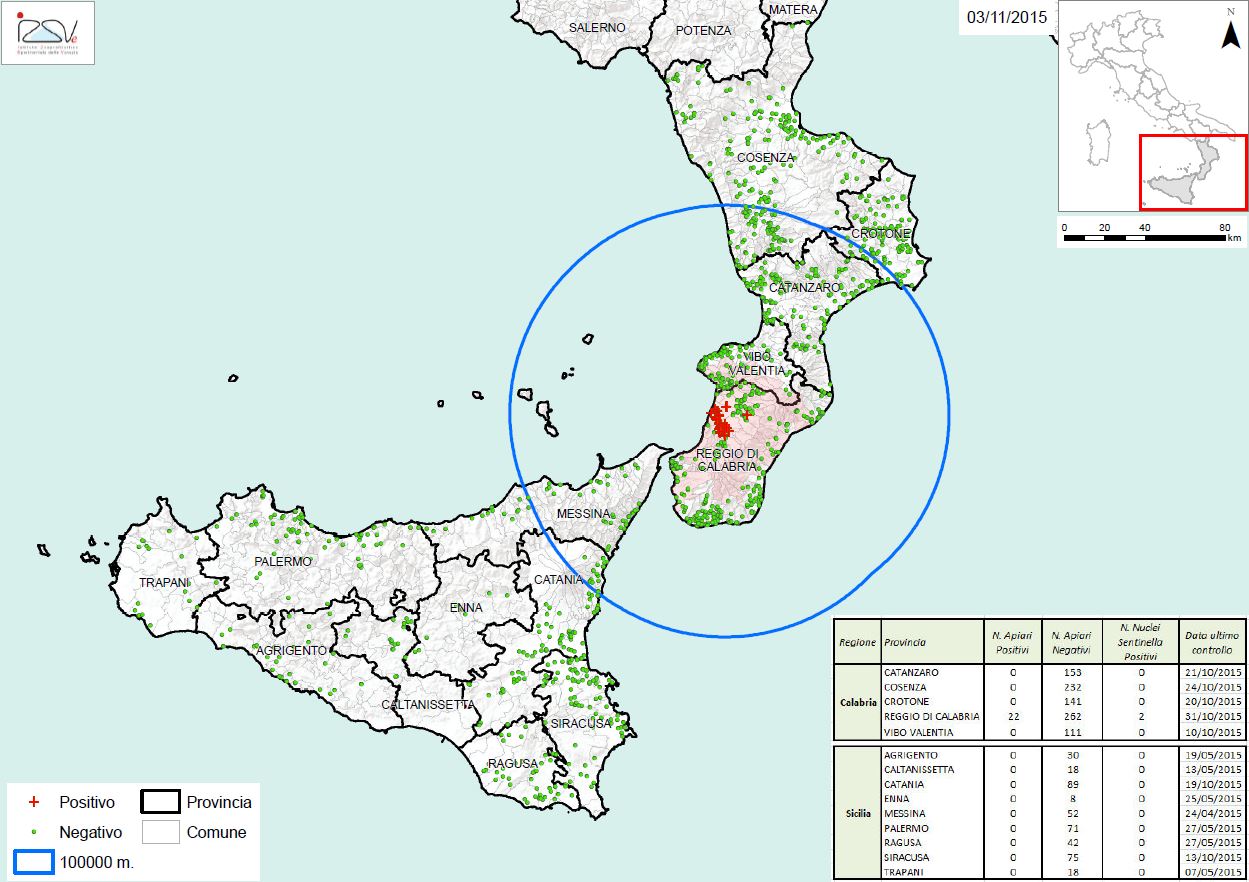 Carte 3 Zones de surveillance d'A. tumida en Italie