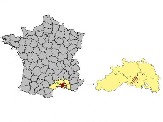 Figure 1 Carte des foyers de West Nile chez les chevaux en France en 2015