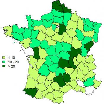 Figure 3 Nombre d'élevages par département pour lesquels au moins une analyse FCO a été réalisée et enregistrée dans Sigal au 9 octobre 2015