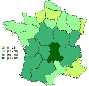 Figure 4 Proportion de réalisation des analyses FCO au niveau élevage par région au 1er octobre 2015