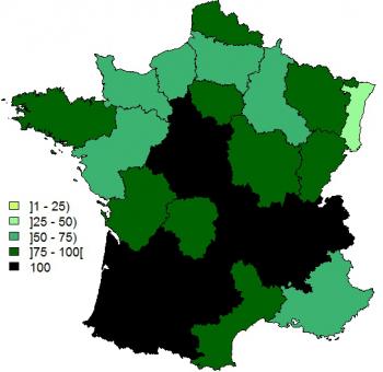 Figure 4 Proportion de réalisation des analyses FCO au niveau élevage par région au 9 octobre 2015