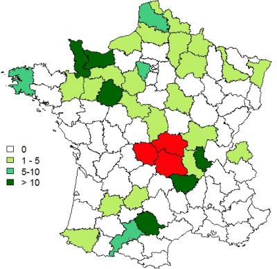 Figure 7 Nombre d’animaux avec suspicions cliniques de FCO par département entre le 1er septembre et le 1er octobre 2015