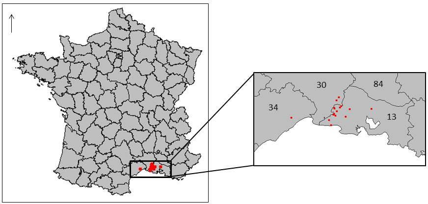 Figure 1 Carte des foyers de West Nile chez les chevaux en France en 2015 