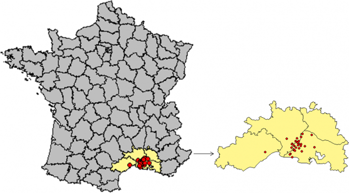 Figure 1 Carte des foyers de West Nile chez les chevaux en France en 2015 (point au 8 octobre 2015)