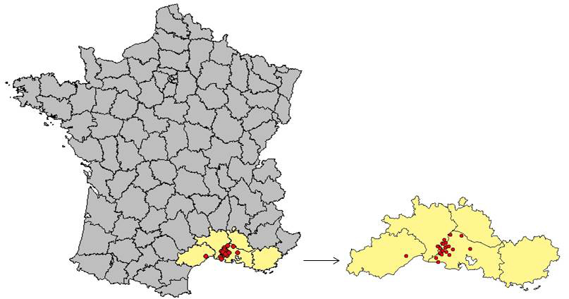 Figure 1 Carte des foyers de West Nile chez les chevaux en France en 2015