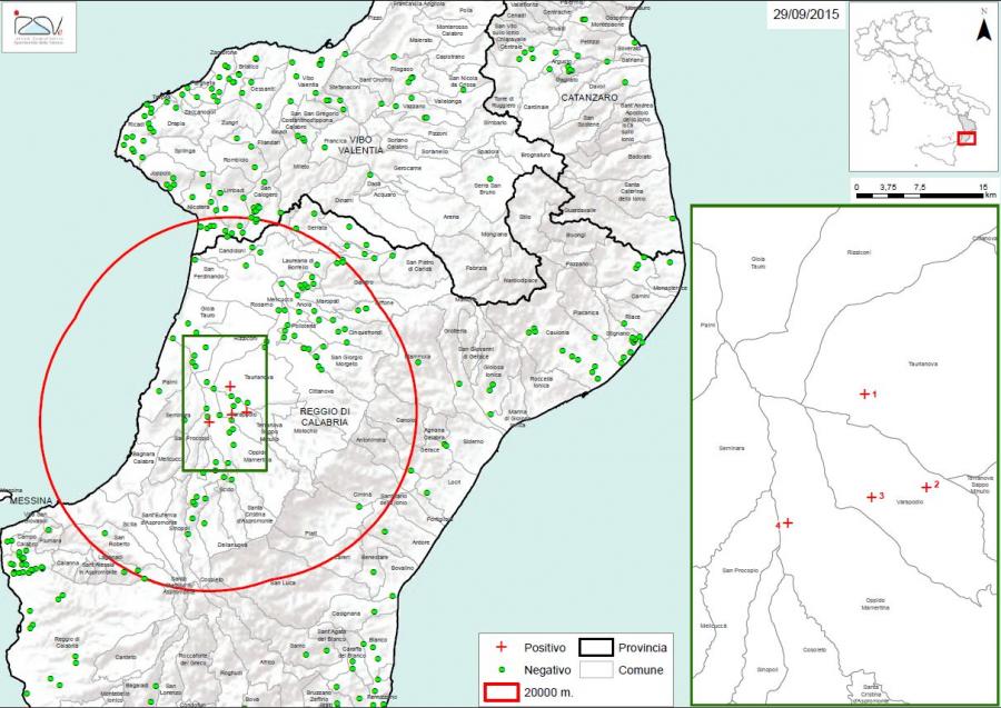 Carte 1 Localisation des foyers d'infestation par A. tumida en Calabre (29/09/2015)