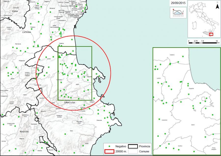 Carte 2 Localisation des foyers d'infestation par A. tumida en Sicile (29/09/2015)