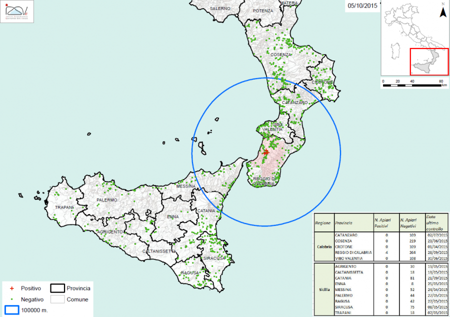 Carte 3  Zones de surveillance d'A. tumida en Italie (05/10/2015)