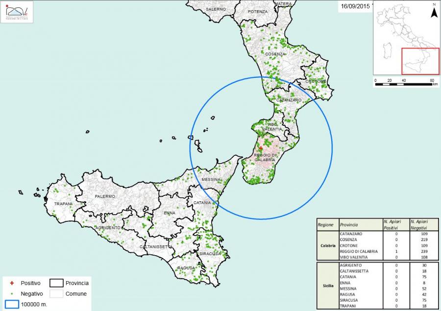 Carte 3  Zones de surveillance d'A. tumida en Italie (16/09/2015)