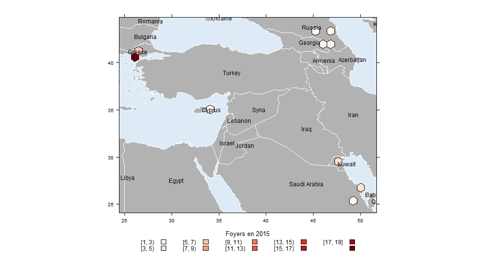 Figure 1. Foyers de la DNC déclarés en 2015 par les  pays de la zone Méditerranée et Moyen-Orient. Source de données