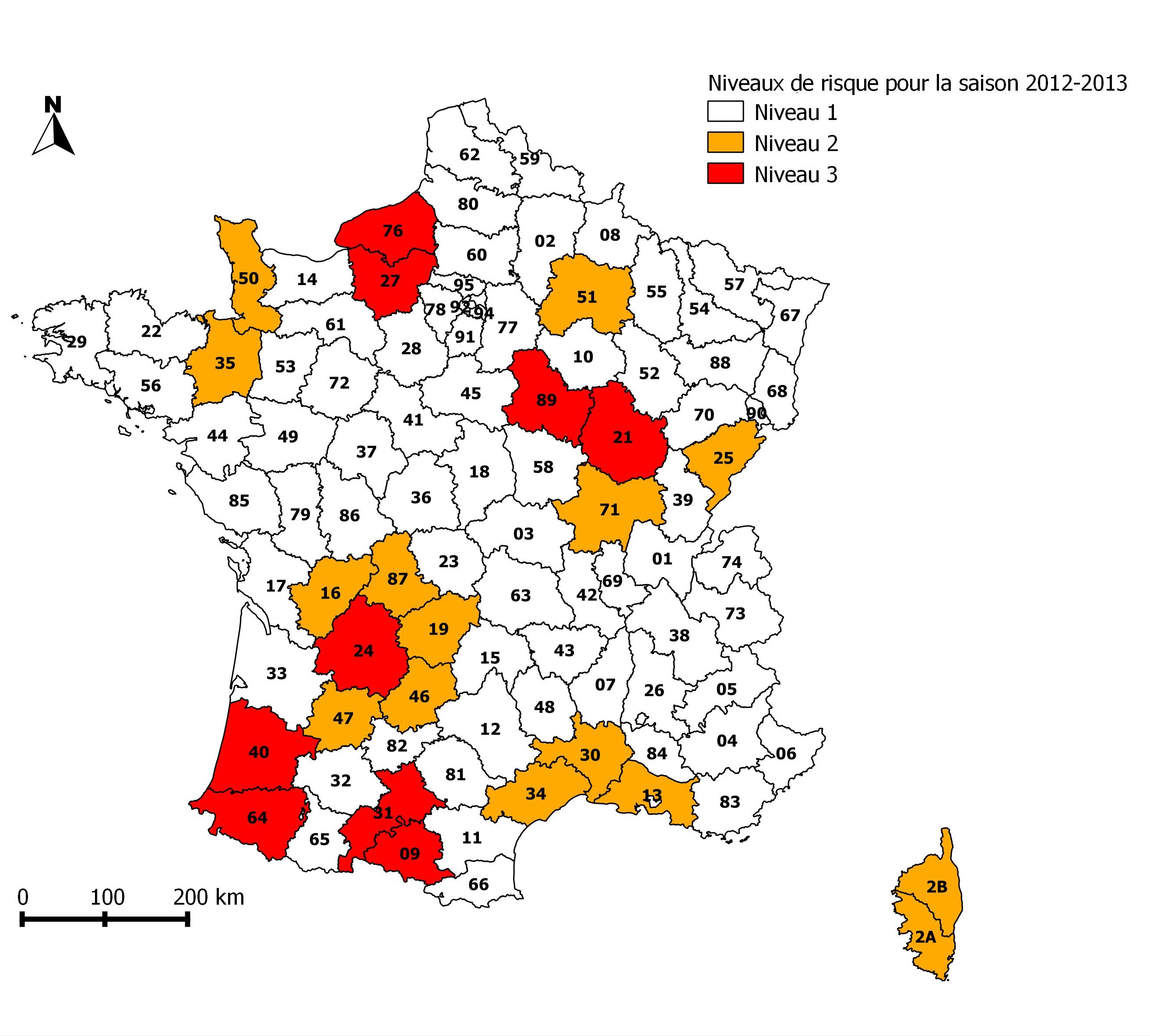 Niveaux de surveillance à appliquer dans les départements pour la saison 2012-2013 dans le cadre de Sylvatub