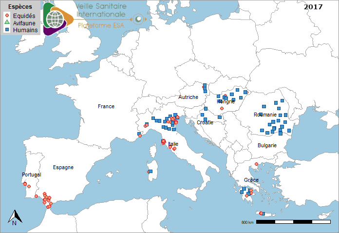 Localisation des cas humains acquis localement, des cas dans l’avifaune sauvage et des foyers équins de fièvre West Nile en Europe 2017