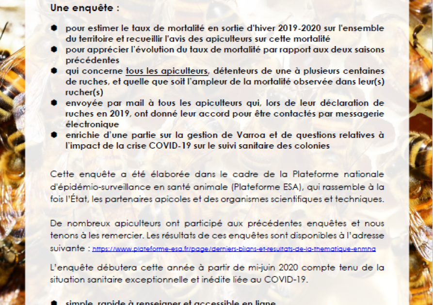 Mortalité hivernale des colonies d'abeilles 3e enquête nationale auprès des apiculteurs