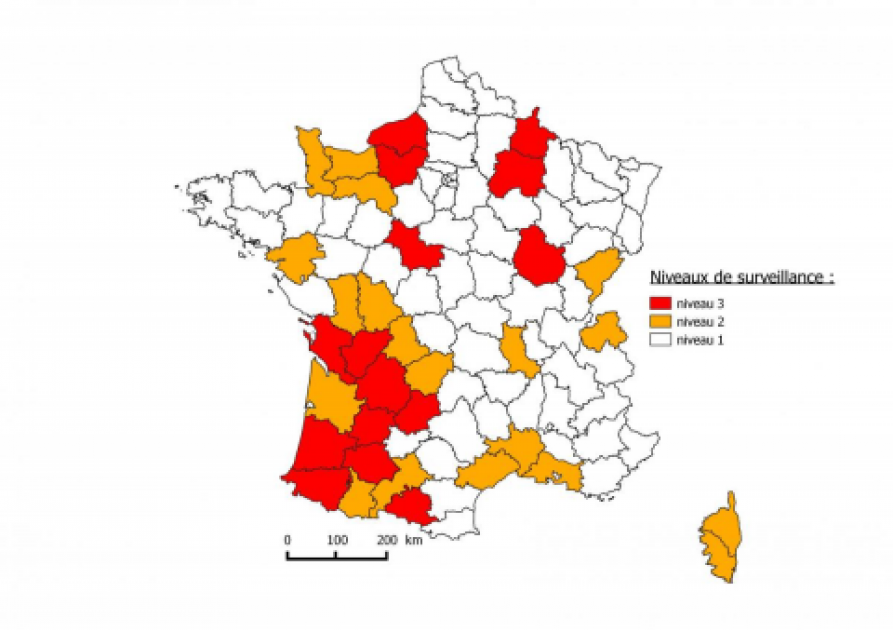 Figure 1. Niveaux de surveillance à appliquer dans les départements pour la saison 2015 dans le cadre de Sylvatub