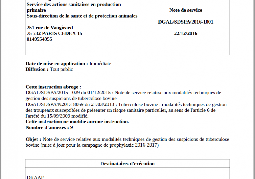 La note de service DGAL/SDSPA/2016-1001