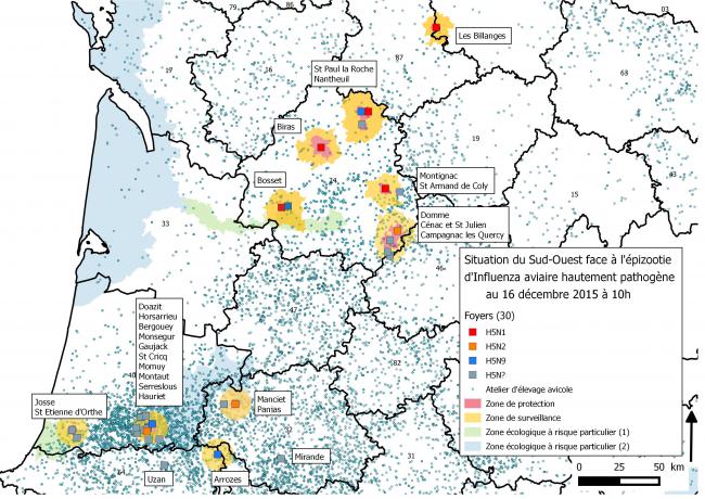 Figure 2 Zones réglementées et foyers d'influenza aviaire hautement pathogène dans le Sud-Ouest