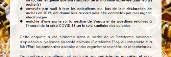Mortalité hivernale des colonies d'abeilles 3e enquête nationale auprès des apiculteurs