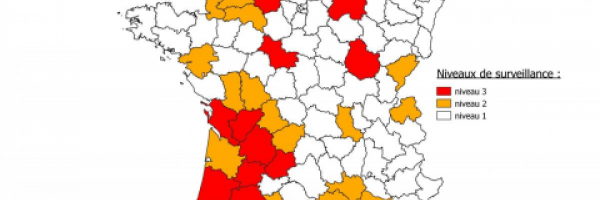 Figure 1. Niveaux de surveillance à appliquer dans les départements pour la saison 2015 dans le cadre de Sylvatub